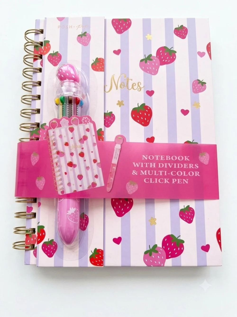 Pink Strawberry Pattern Spiral Notebook with Multi-Color Click Pen